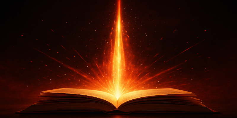 Cinematic red-black image of a glowing open book launching into light